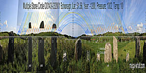 Panoramic view with luni-solar trajectories from Bohonagh Stone Circle, Cork, Ireland.