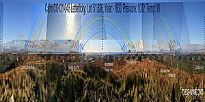 Panoramic view with luni-solar trajectories c.1800BCE from Letterlicky Cairn, West Cork, Ireland.
